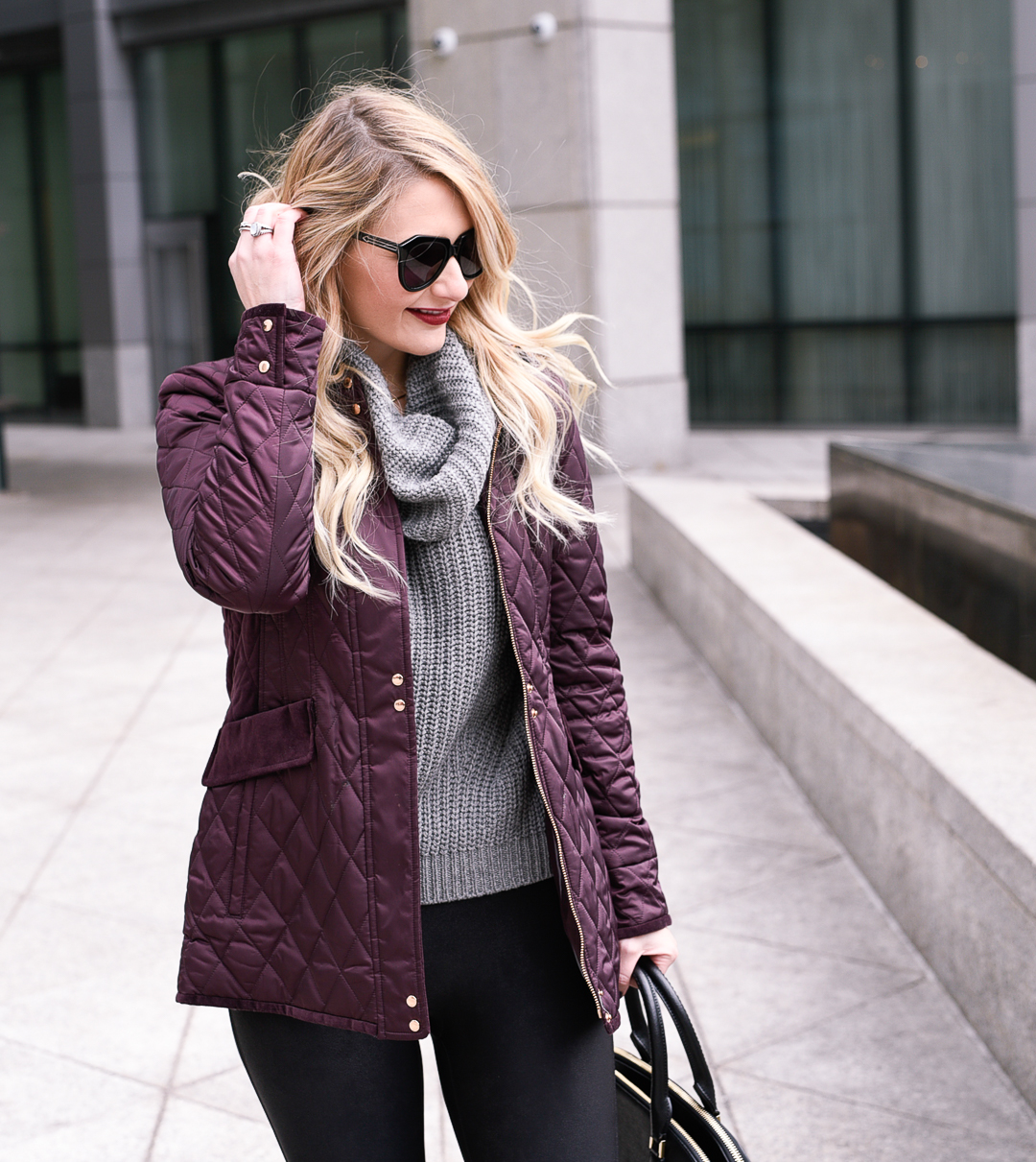 A cozy grey turtleneck and velvet trimmed coat in burgundy. 