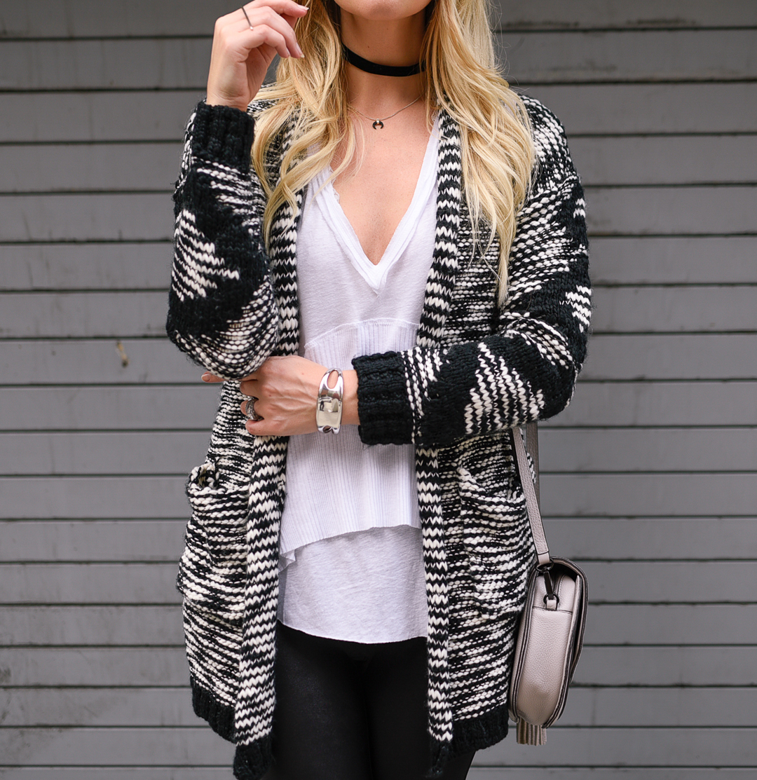 Black velvet choker and cozy knit cardigan sweater. 