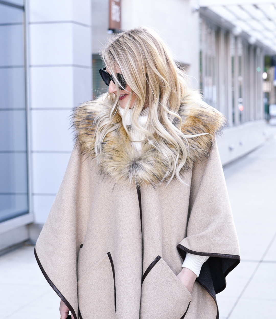 The cutest ivory turtleneck cable knit and fur collar for winter! 