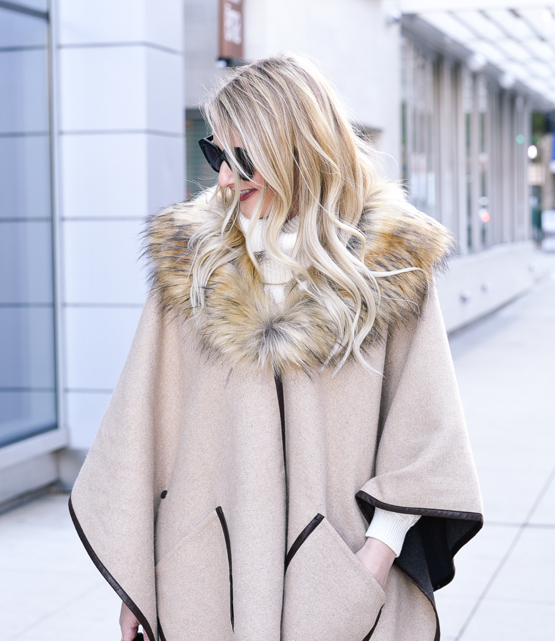 The cutest ivory turtleneck cable knit and fur collar for winter! 