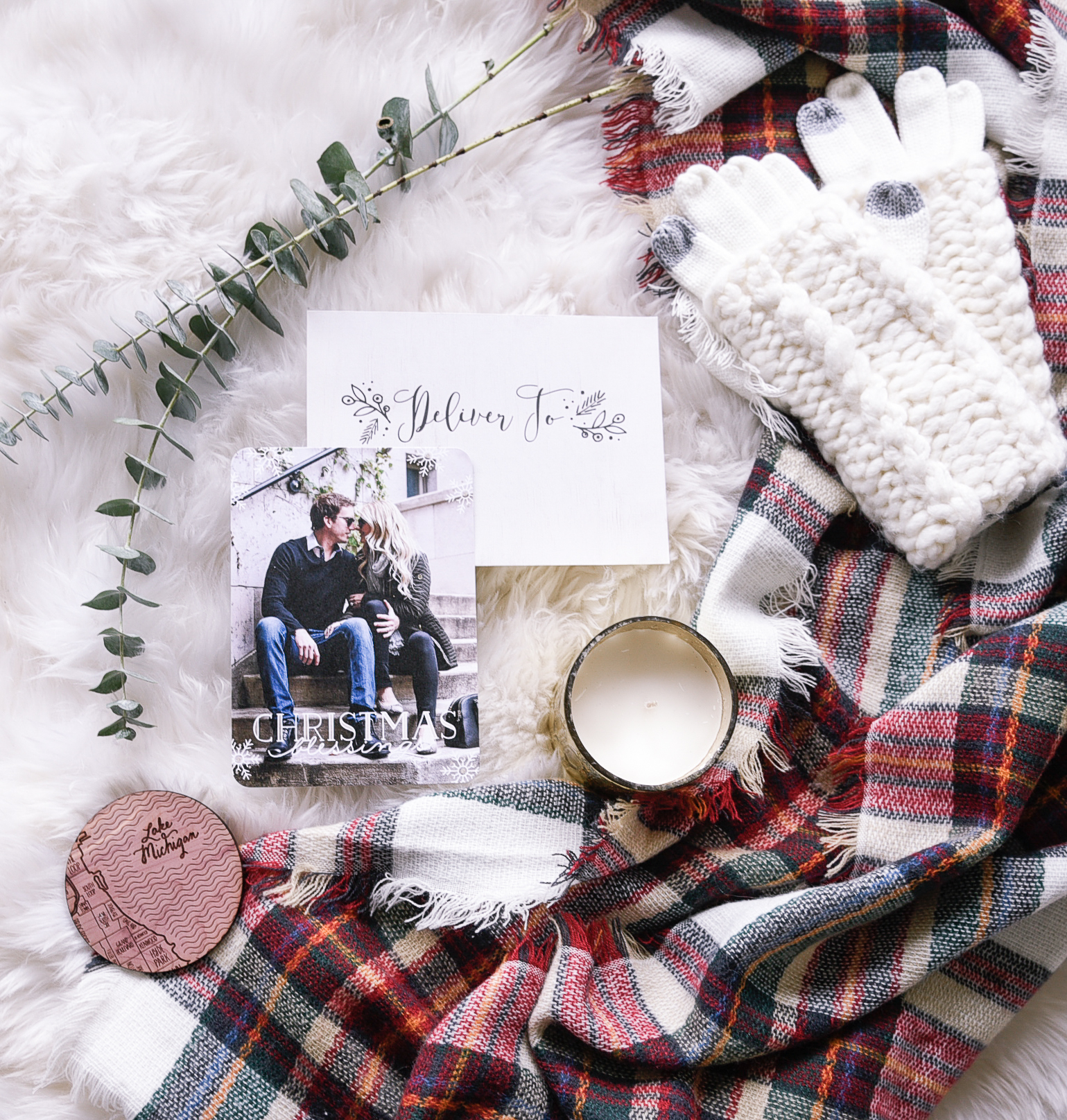 Christmas cards with Tiny Prints, a West Elm candle, and Chicago wooden coasters. 