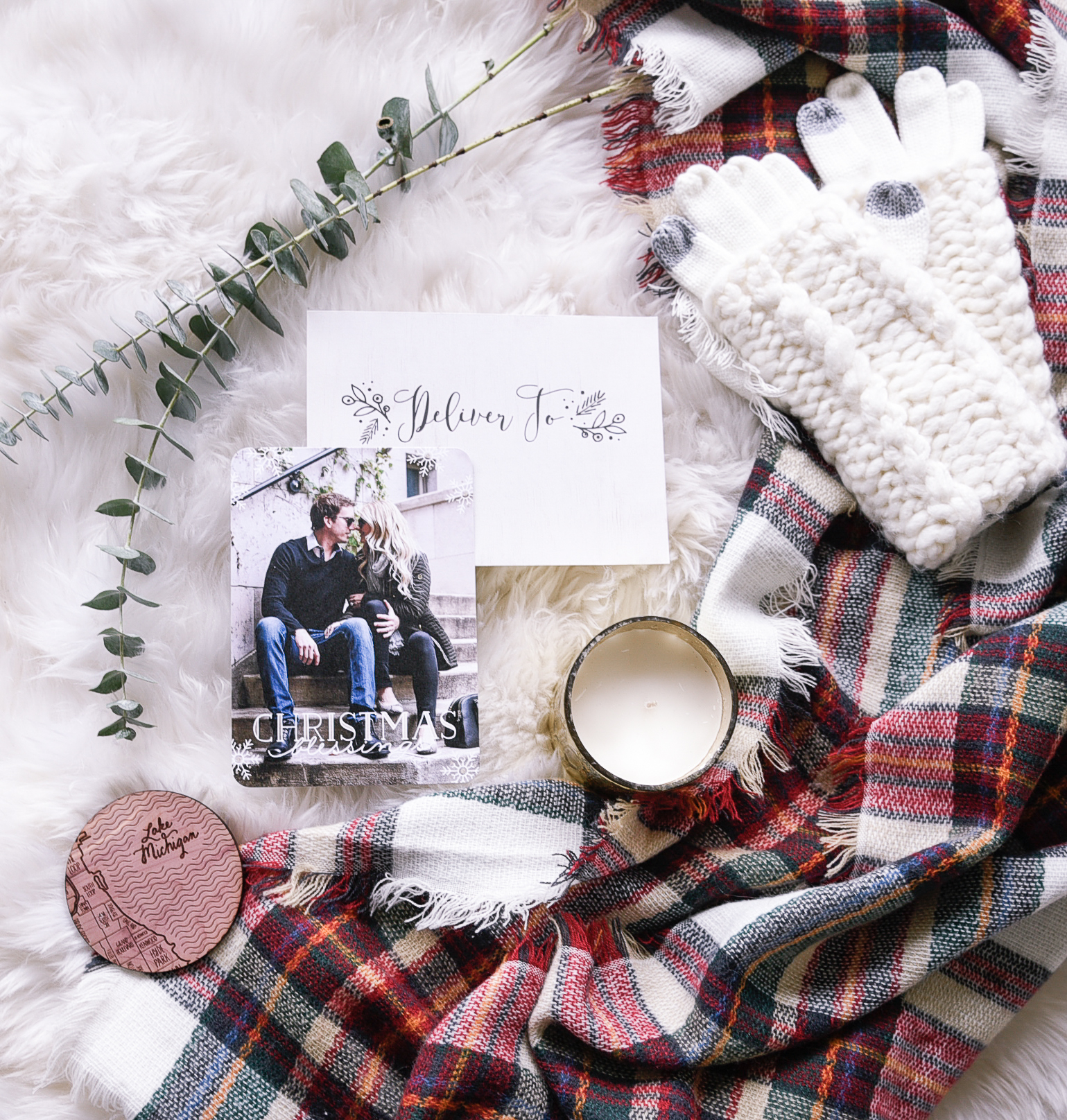 Christmas cards with Tiny Prints, a West Elm candle, and Chicago wooden coasters.