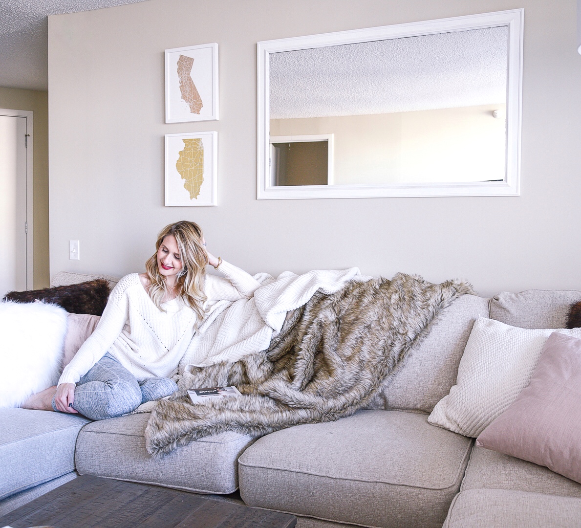 At home with fashion blogger Jenna Colgrove on her Ashley Home Wilcot couch.