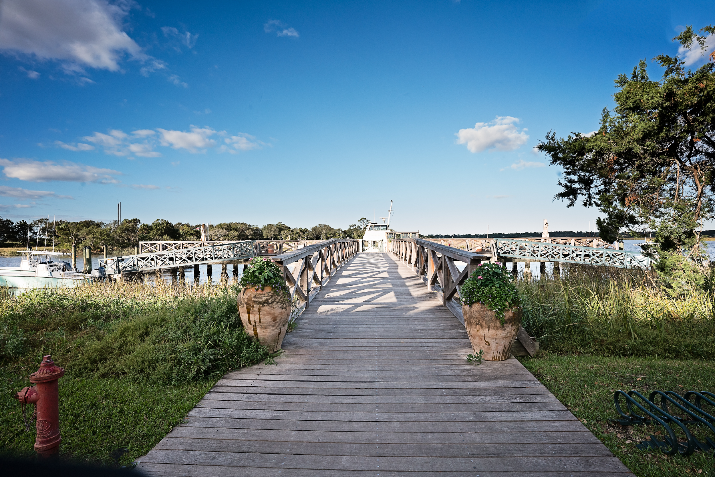 Wood bridge across Sea Island Georgia hotel. 