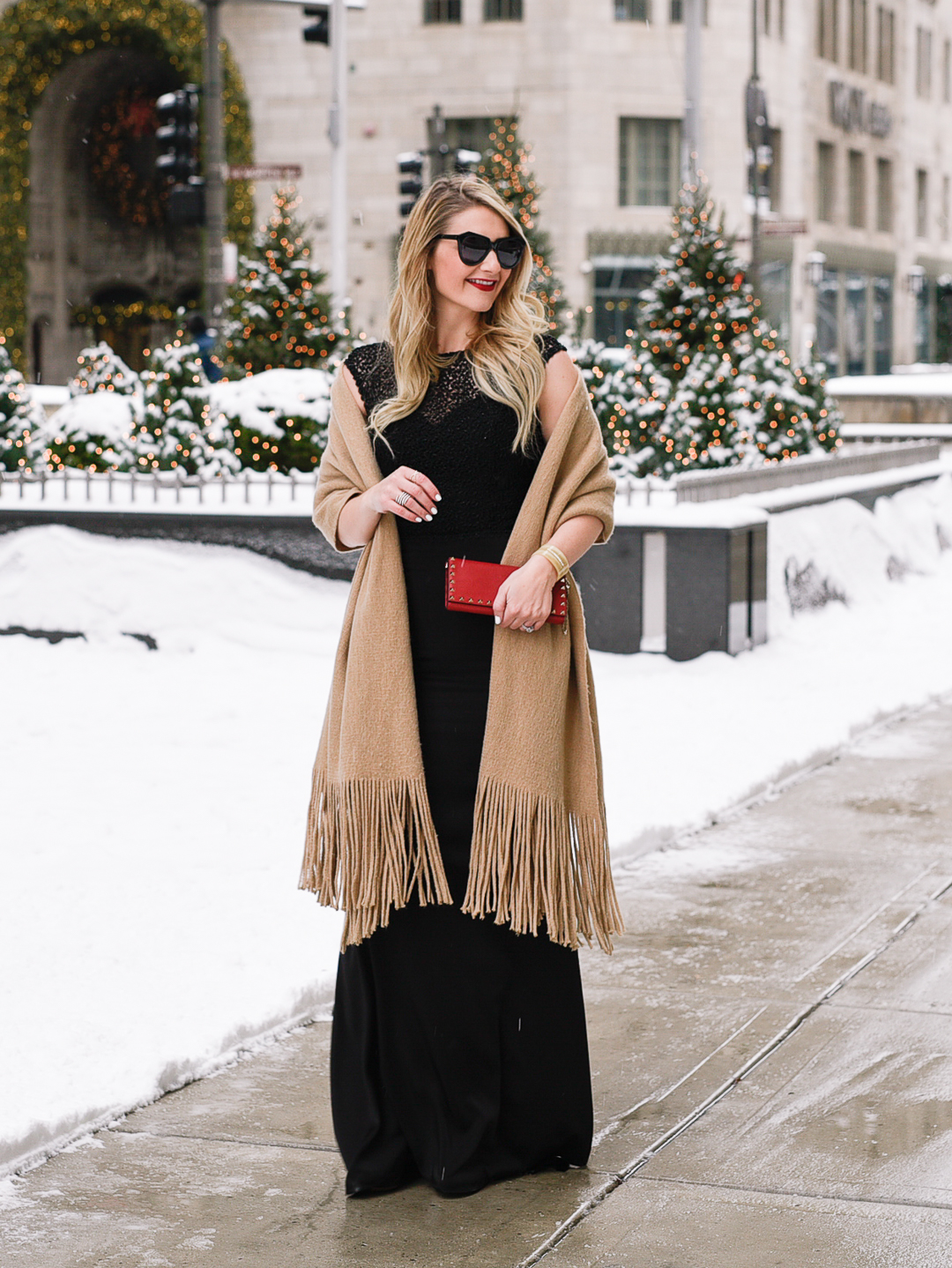 Black Alyce Paris evening gown with a camel wool shawl. 