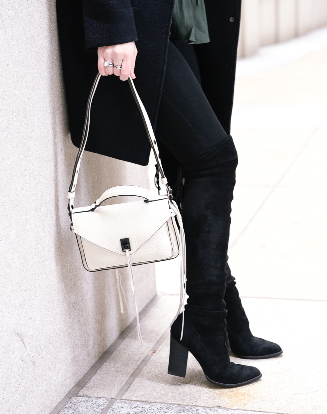 Black suede over the knee boots and a Rebecca Minkoff white satchel. 