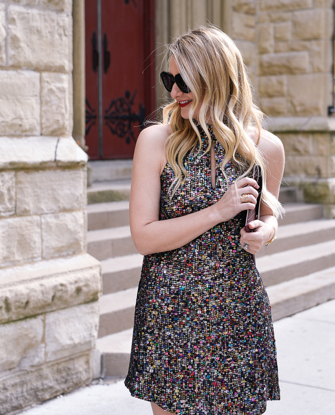 Jenna Colgrove wearing a Cynthia Rowley rainbow sequin shirt dress - perfect for NYE parties! 