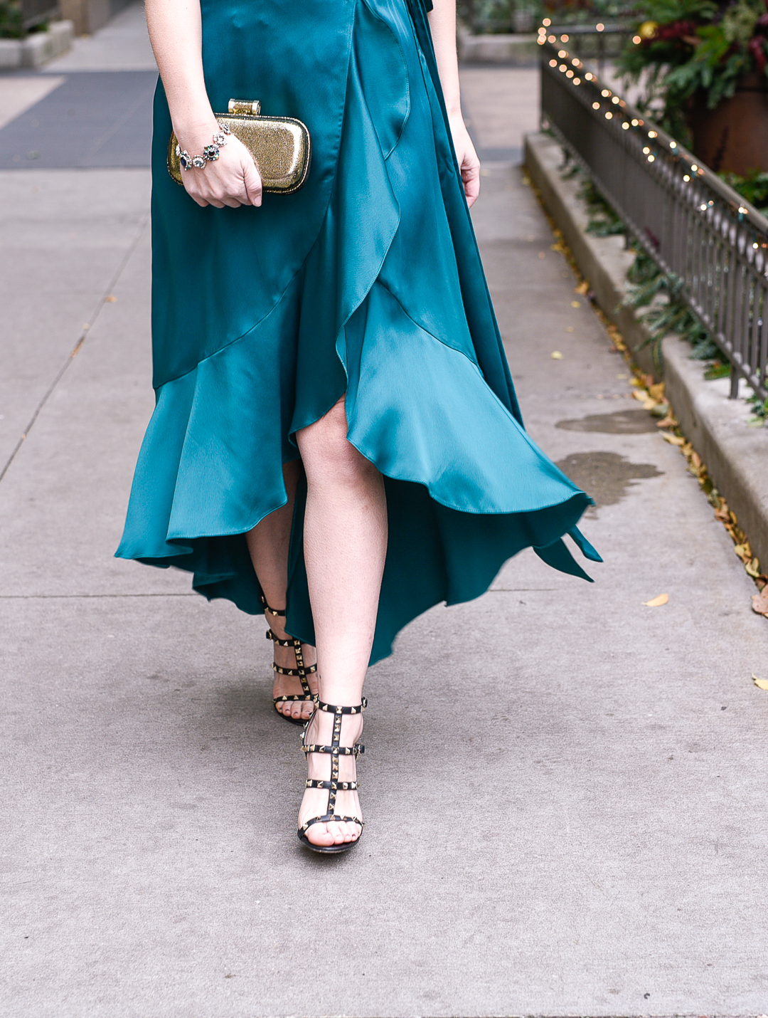 Valentino Rockstud heels with a emerald green dress. 