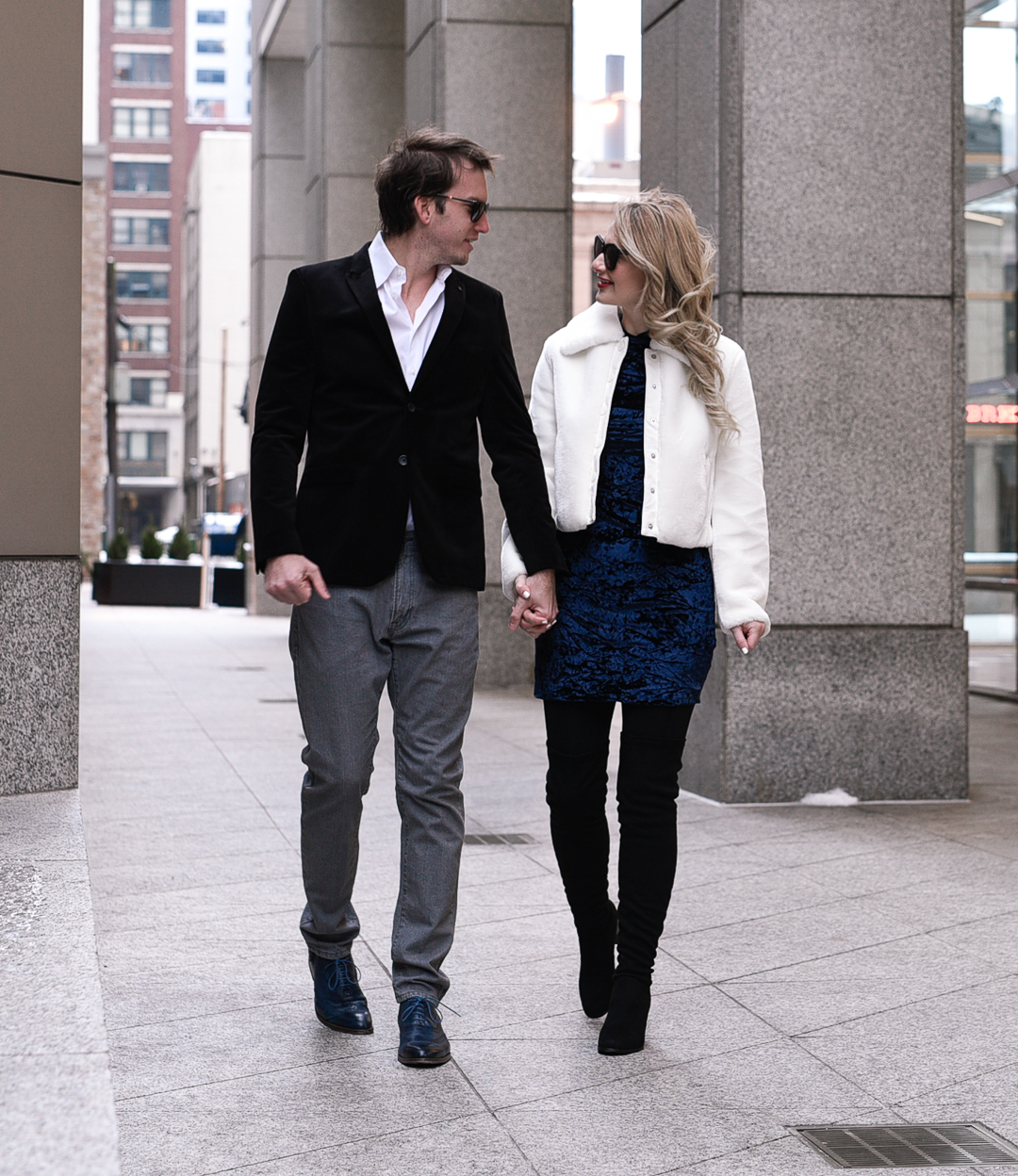 Jenna Colgrove and her husband in Chicago's River North wearing velvet. 