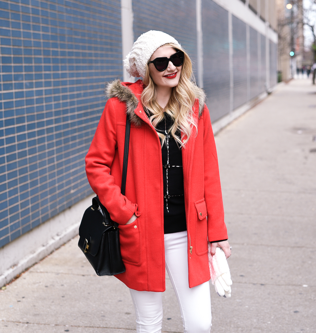 The softest white pom beanie and a statement winter coat. 