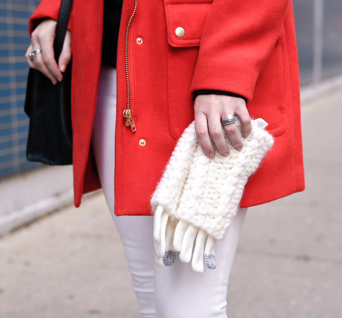 White knit Rebecca Minkoff gloves. 