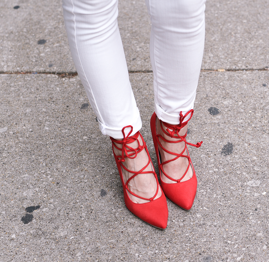 Red lace up suede pumps for $15.