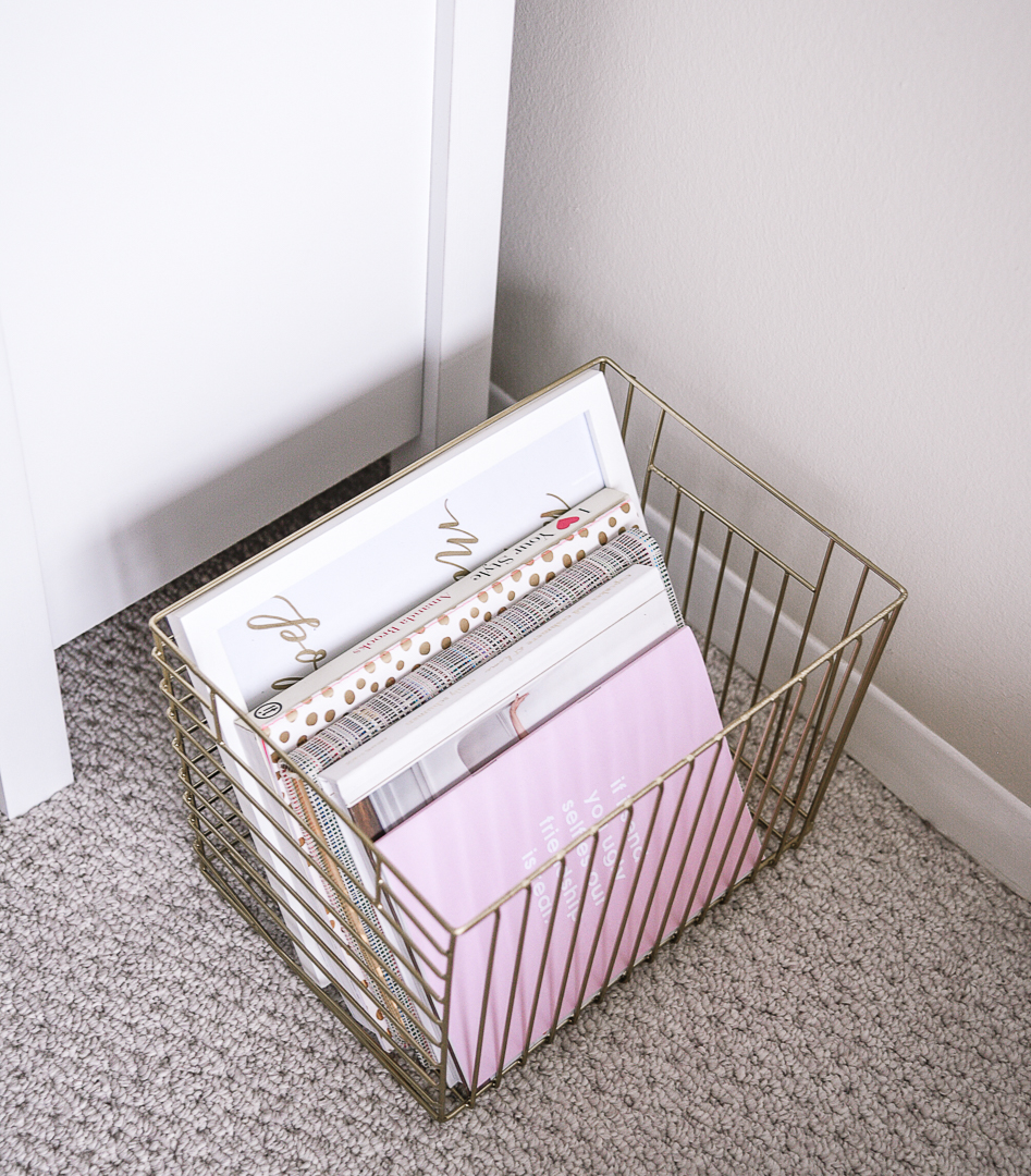 Gold wire book basket. - Second Bedroom Ideas with Havenly and Pier 1 by Chicago style blogger Visions of Vogue
