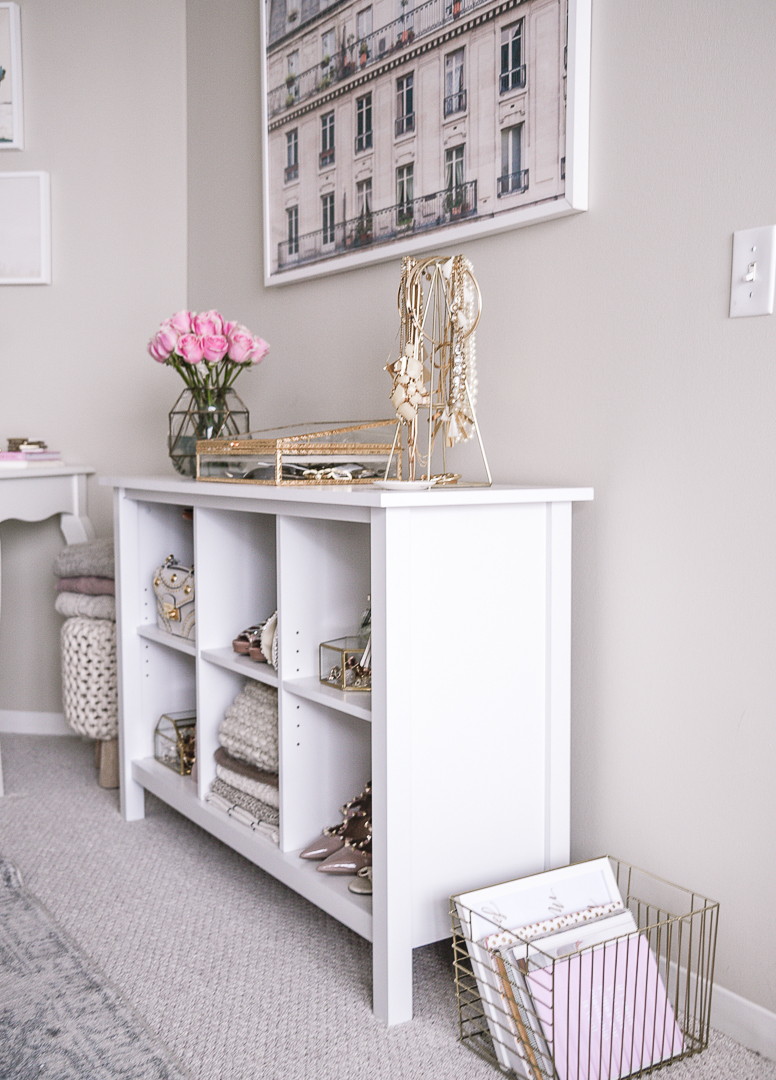 White bookshelf for holding purses, scarves, and jewelry. - Second Bedroom Ideas with Havenly and Pier 1 by Chicago style blogger Visions of Vogue