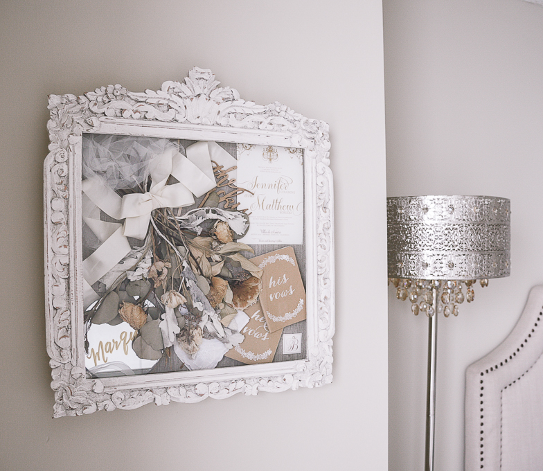 Anthropologie shadowbox with wedding memories.