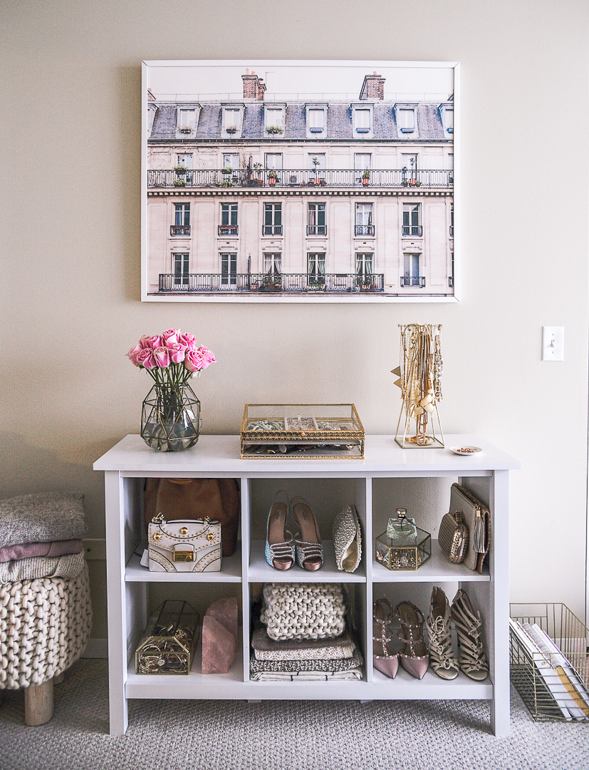 Parisian art print from Minted and pink roses to decorate a bookshelf. - Second Bedroom Ideas with Havenly and Pier 1 by Chicago style blogger Visions of Vogue