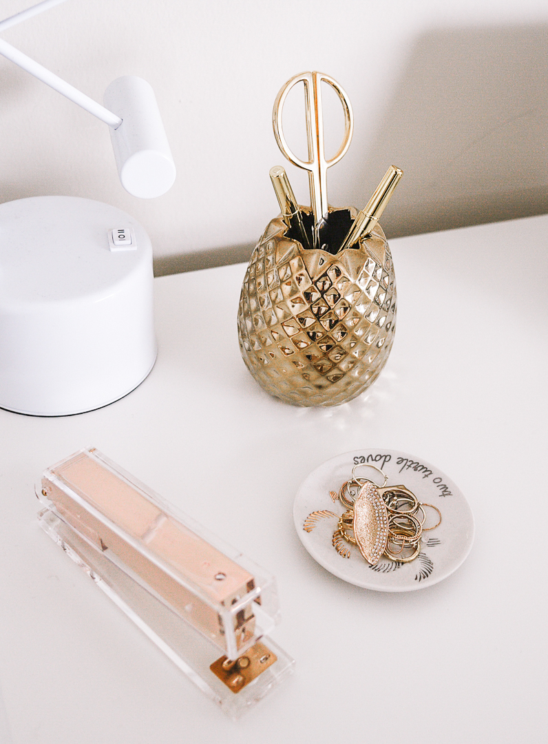 Gold desk accessories. - Second Bedroom Ideas with Havenly and Pier 1 by Chicago style blogger Visions of Vogue
