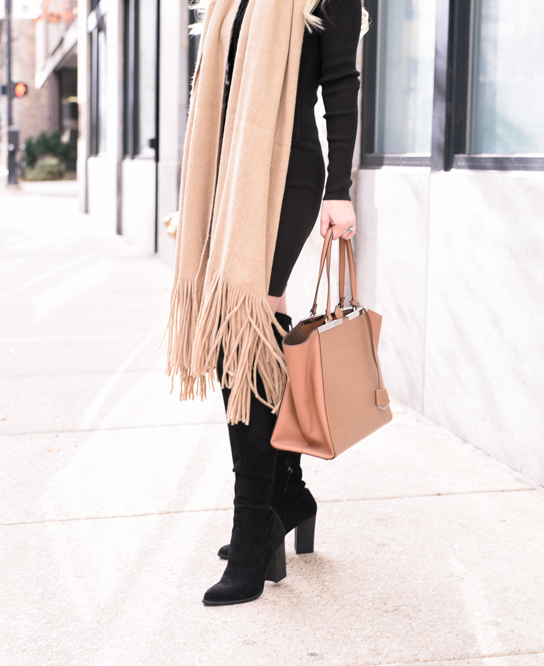 Black suede OTK boots, a camel colored scarf, and a black long sleeve dress.