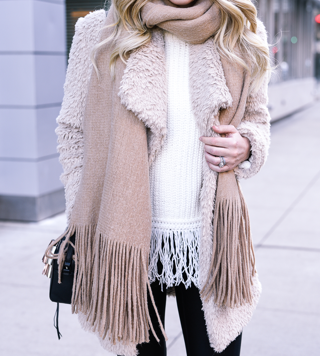 White fringe knit with a wool camel scarf.
