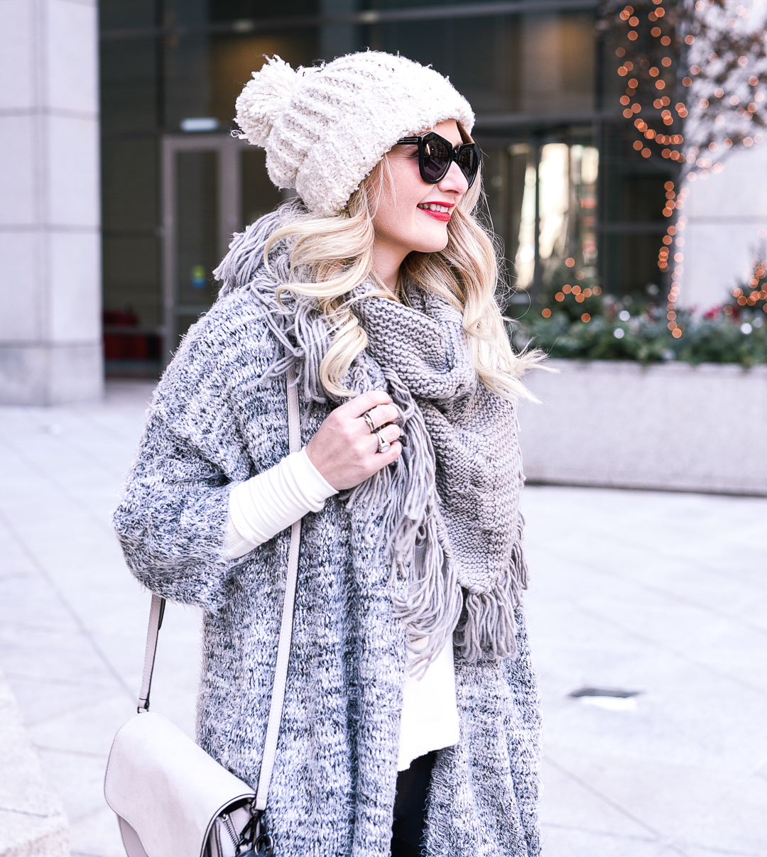 Warm cozy sweaters and a Rebecca Minkoff Suki crossbody. 