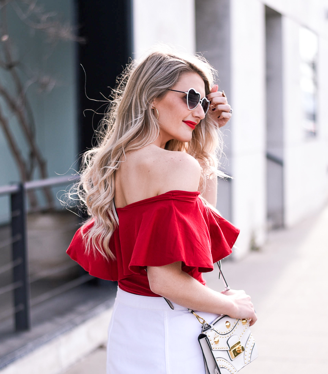 Red off the shoulder top for Valentine's Day.