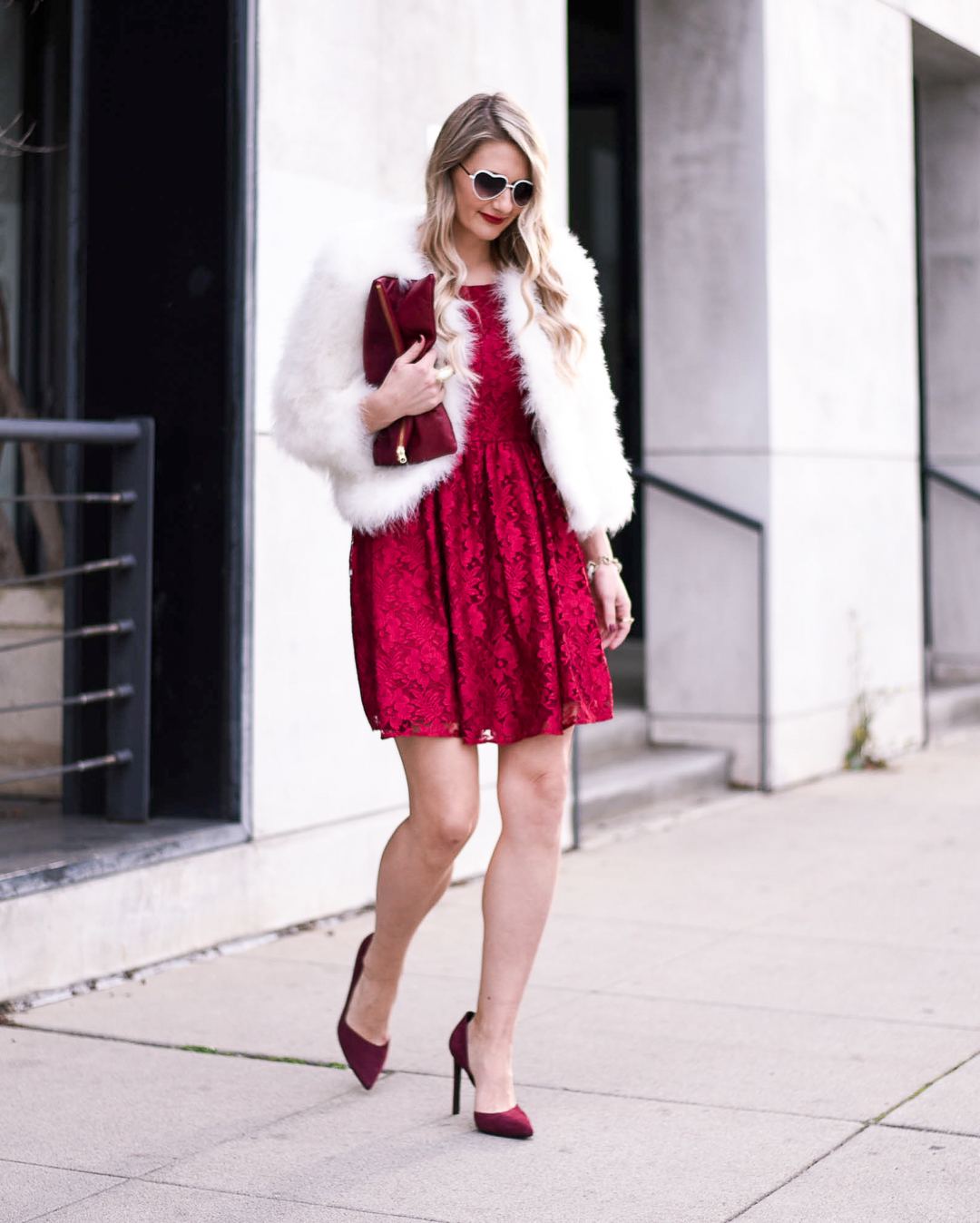 Date night red lace dress with a faux fur jacket. 