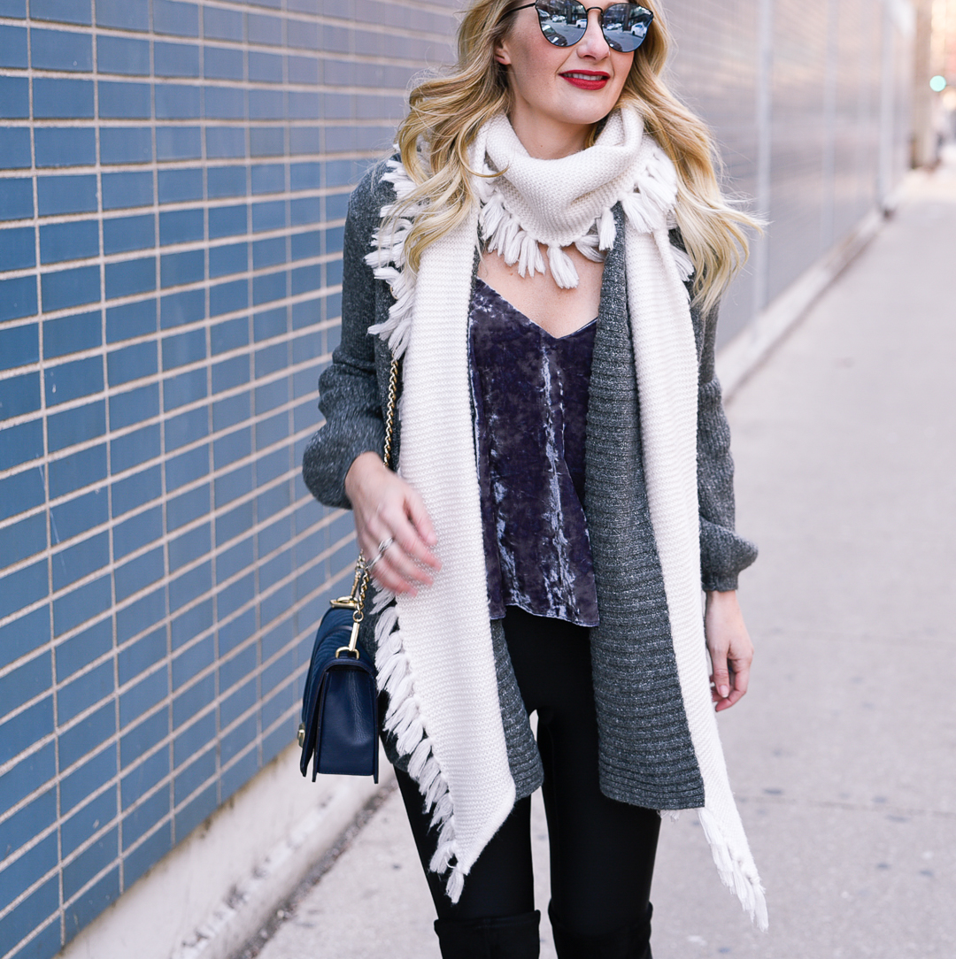 Blue velvet, white tassels, and grey knits.