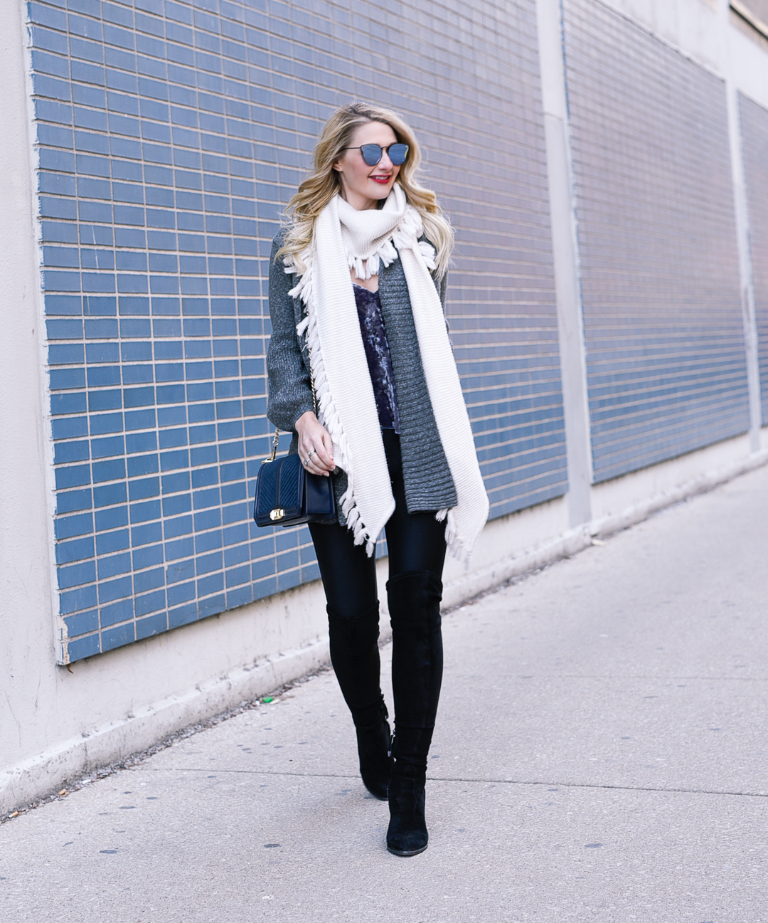 Rebecca Minkoff tassel scarf with winter knits. 