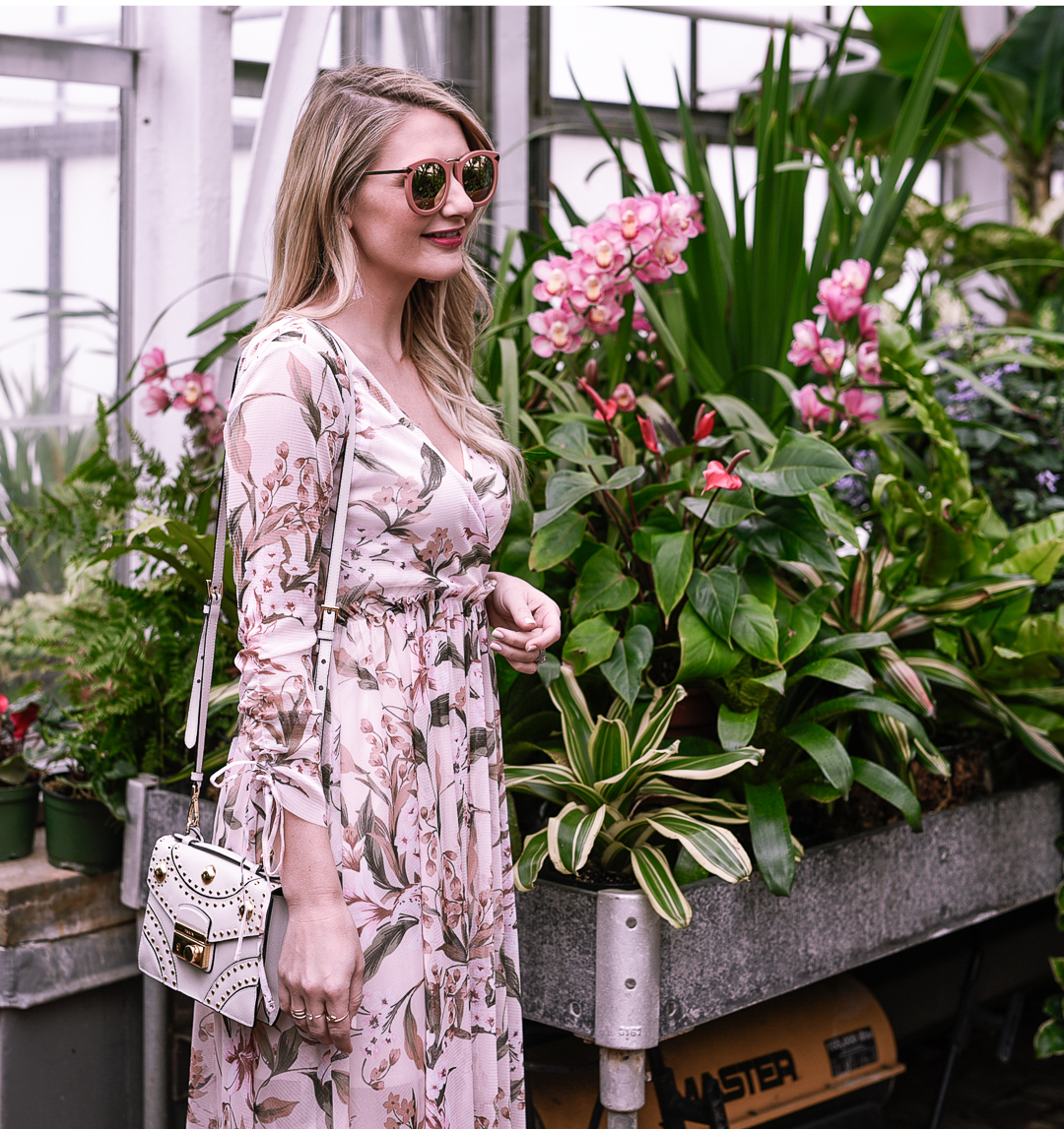 Pink sunglasses and a mesh floral dress by Topshop. 