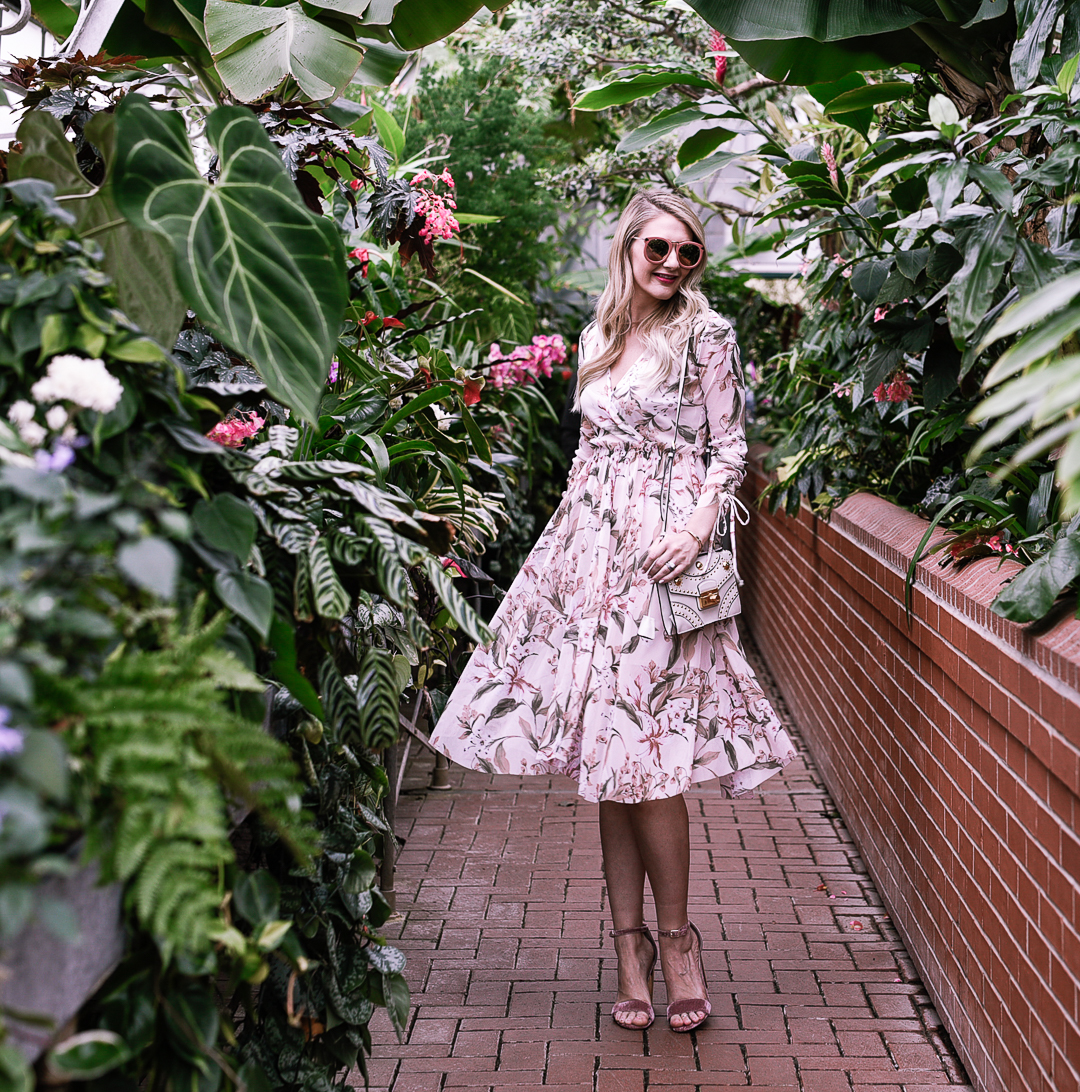 Topshop floral dress at the Biltmore Botanical Gardens.