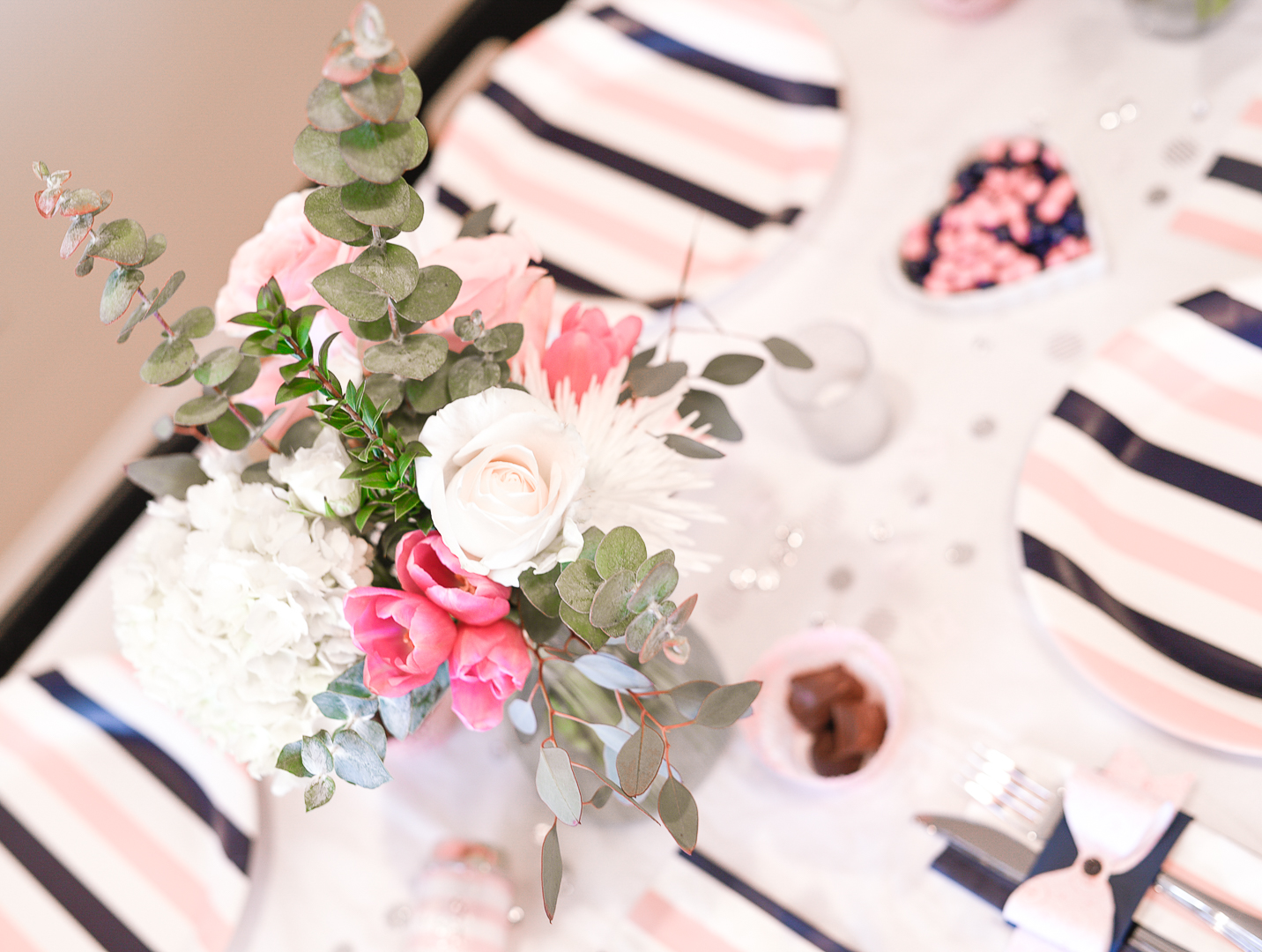 bohemian white and pink floral arrangement 
