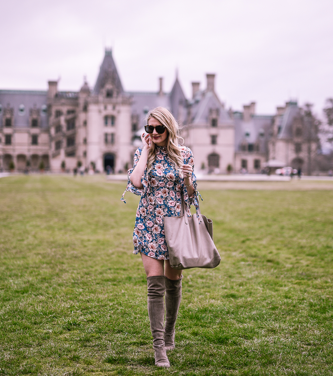 Jenna Colgrove wearing a teal high neck floral dress by Topshop. - A Weekend in Asheville by popular Chicago travel blogger Visions of Vogue