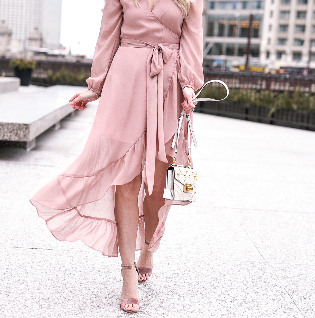 Ruffled blush midi skirt and pink velvet heels. 