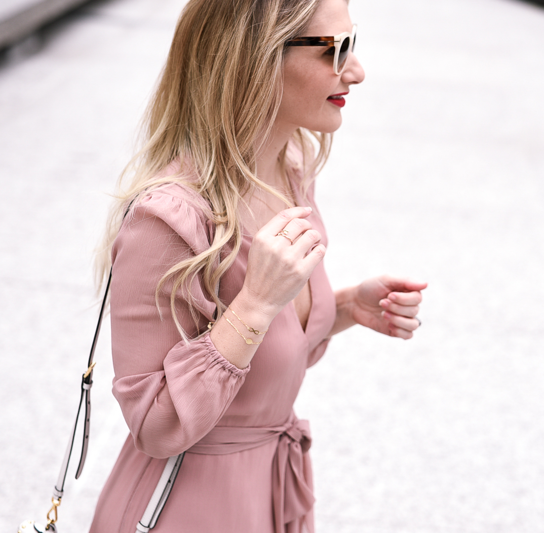 Pink dress and perfect everyday gold jewelry. 