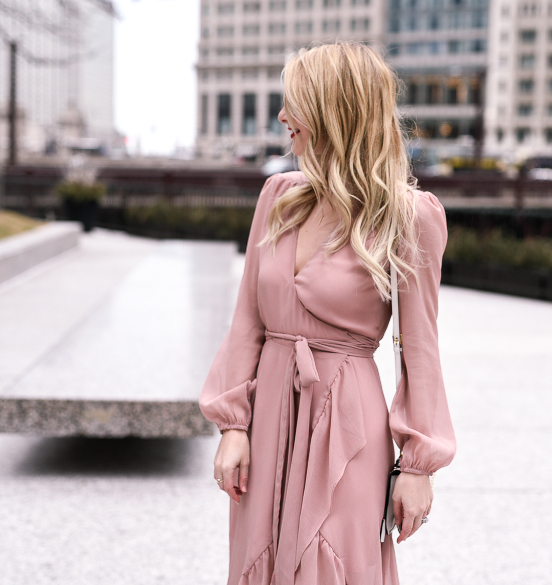 Pink chiffon wrap dress and blonde hair. 