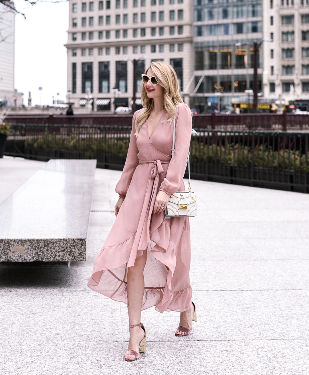 WAYF only you ruffle wrap dress in pink.