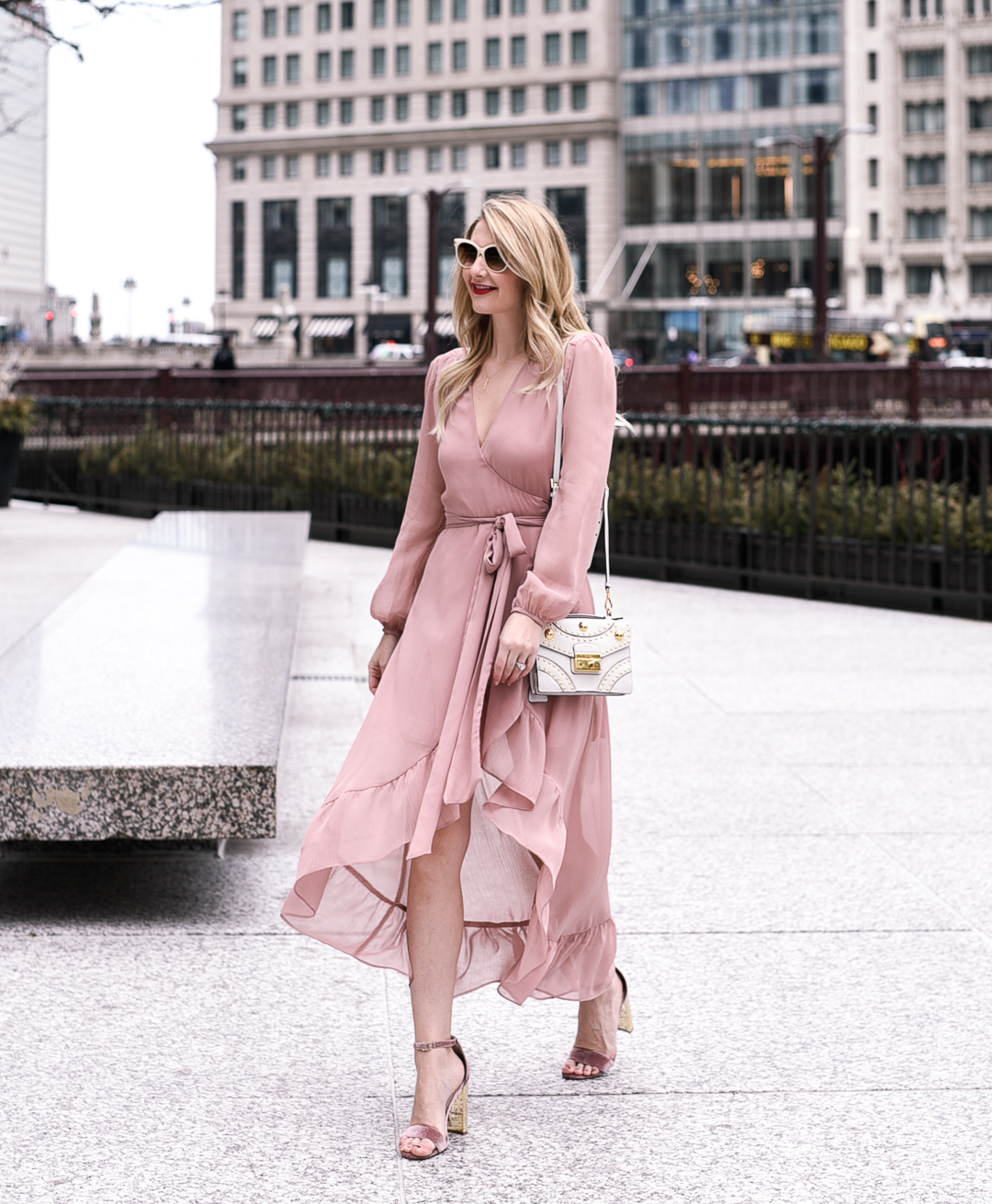 WAYF only you blush pink ruffle wrap dress.