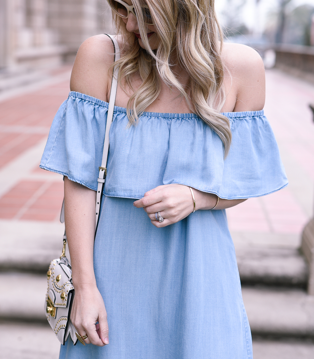 A denim dress with an off the shoulder flare! 