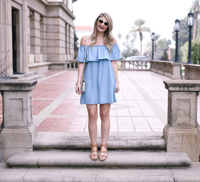 Jenna Colgrove wearing a BB Dakota chambray dress with a Prada white crossbody. 