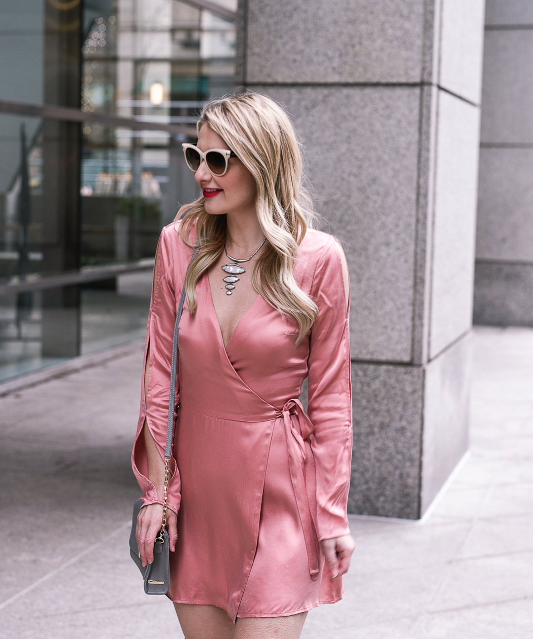 Blush pink silk wrap dress for spring