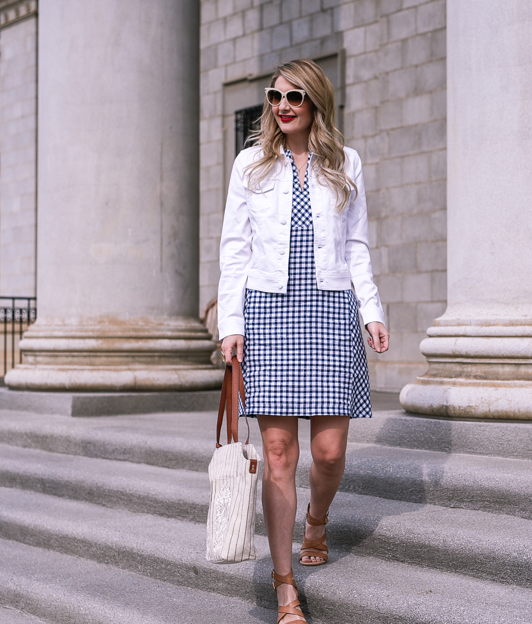 Comfortable dress and structured white jacket. 