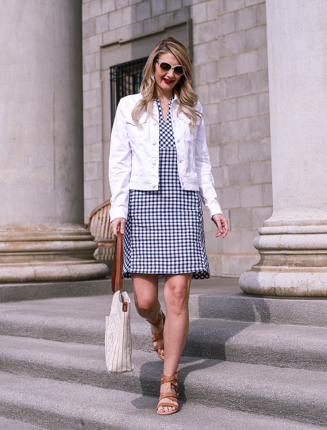 Gingham shift dress in linen with summer sandals. 