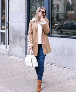 Structured jacket with high waisted skinny jeans.