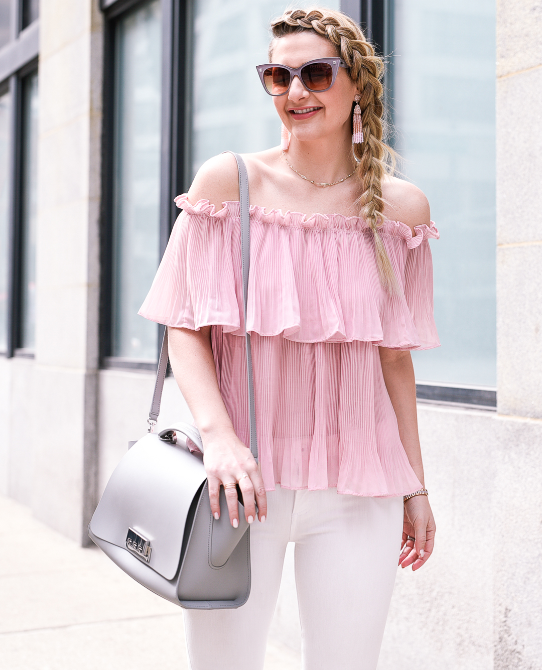 Inside Out Dutch braid with a pink ruffled top. 