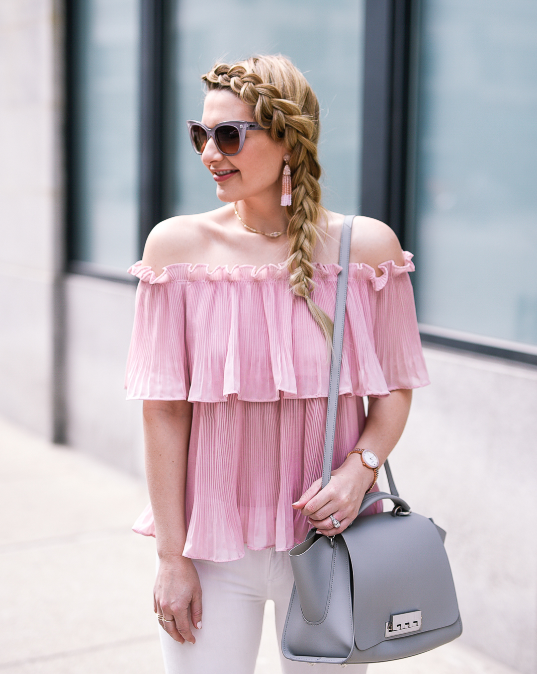 Ruffled off the shoulder blush top