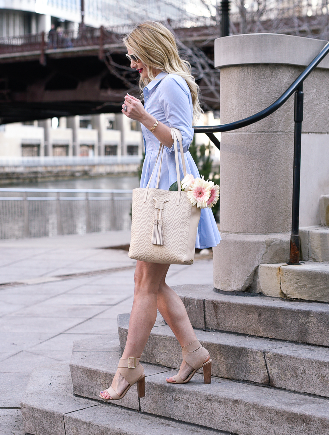Spring button down shirt dress with Splendid tan sandals. 