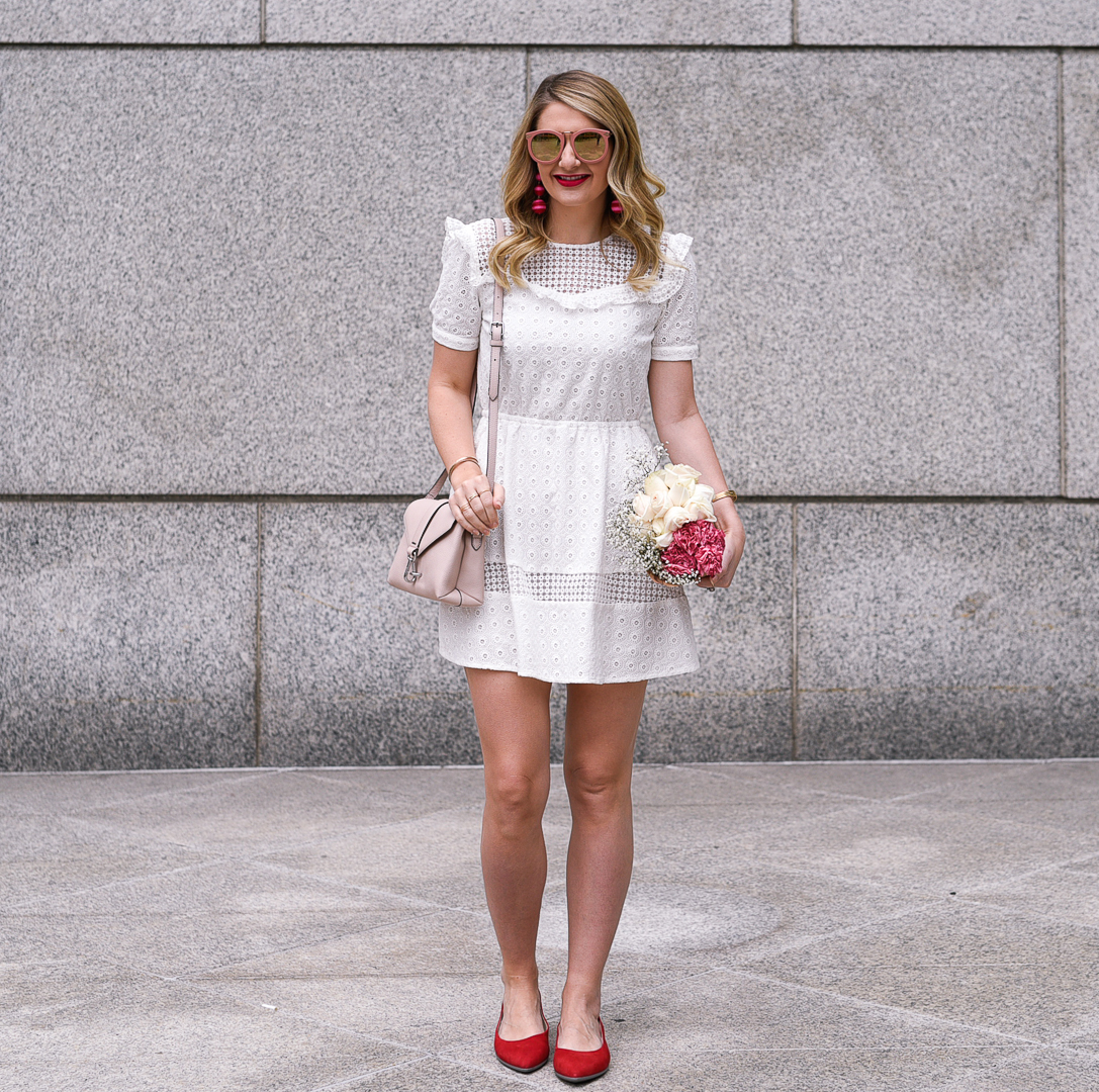 A spring look with a ruffled white dress by Rebecca Minkoff and the Ecco pink crossbody bag. 