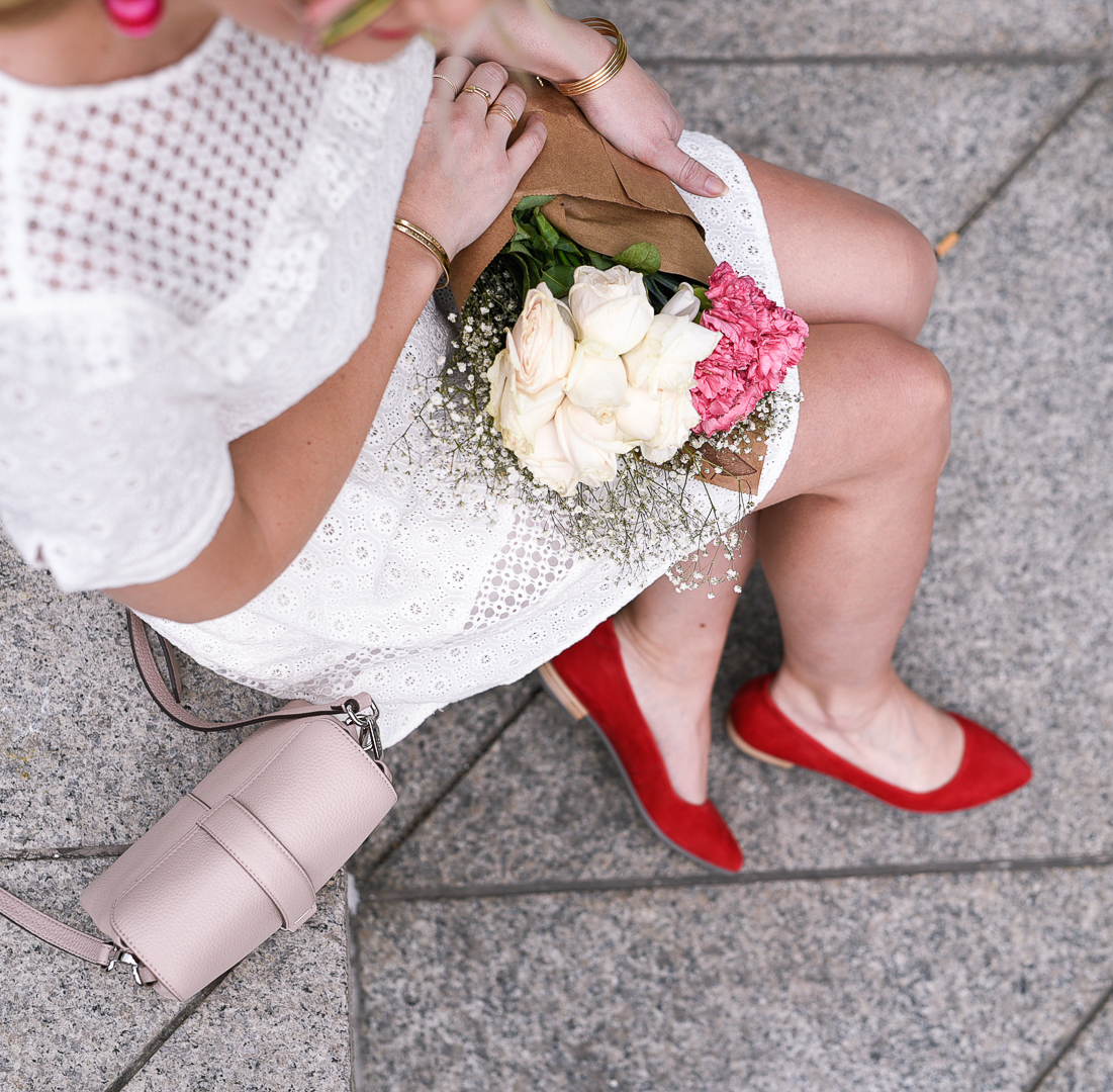 Ecco Pointy Ballerina red suede flats with a Rebecca Minkoff Angeles dress. 