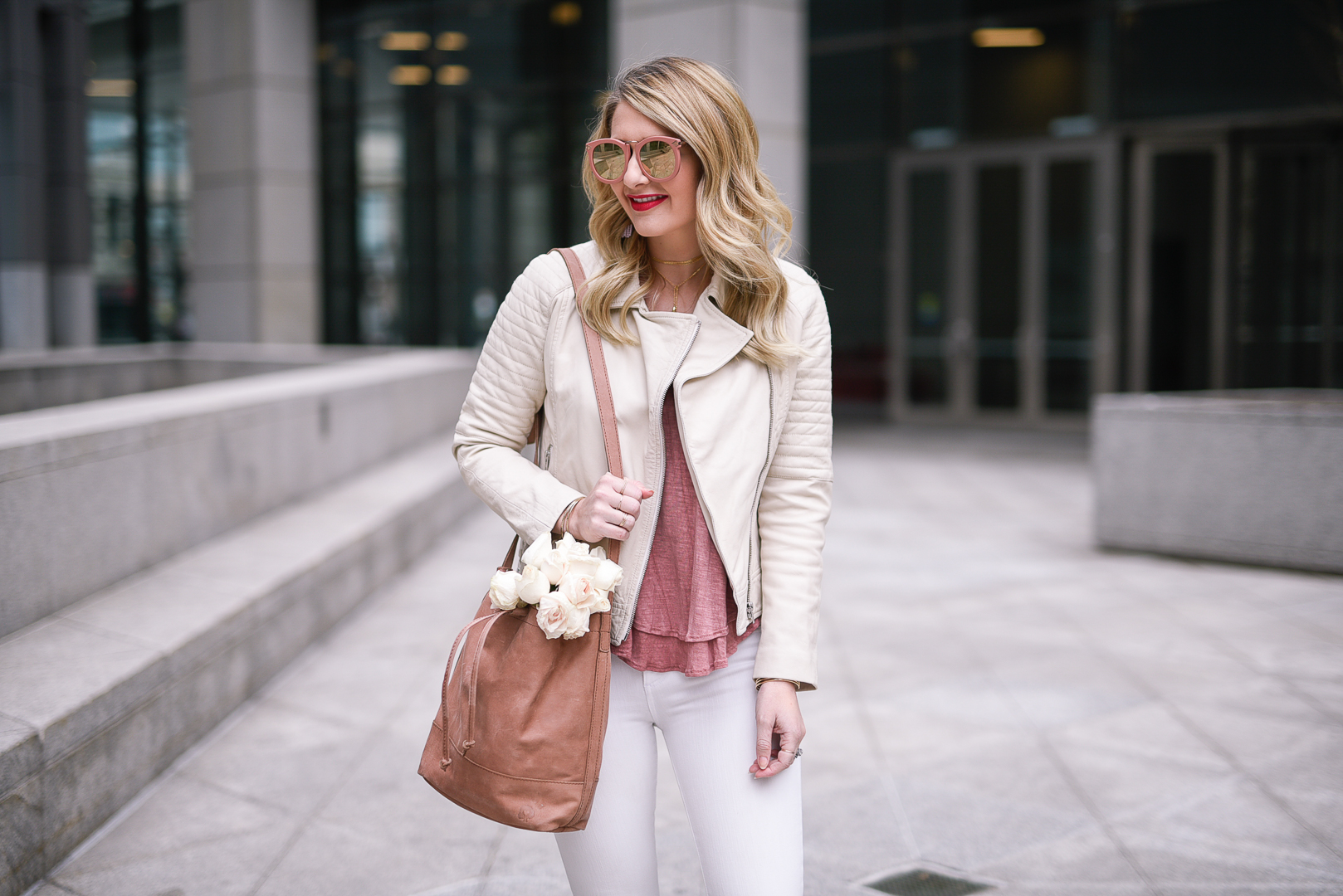 A comfortable weekend outfit with an ivory leather jacket by BB Dakota, a Nordstrom tee, and DL1961 premium denim Florence skinny jeans. 