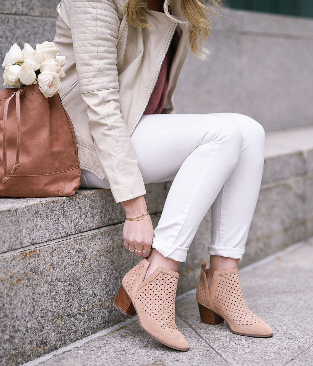 Perforated tan booties by Sole Society. 